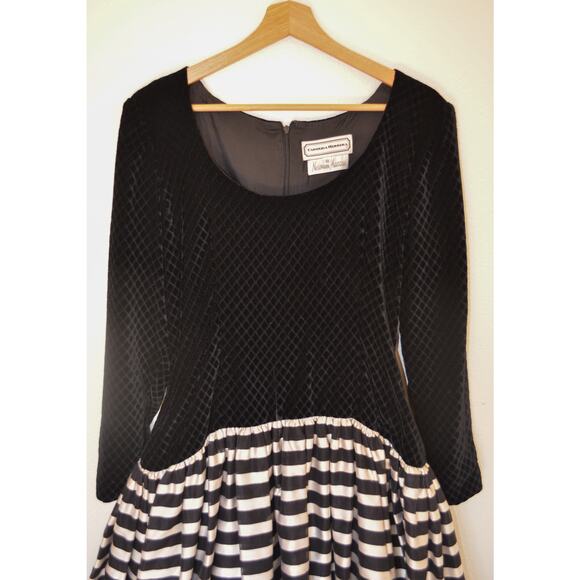 Vintage Carolina Herrera Striped Skirt Velvet Bodice Drop Waist Gown - Picture 3 of 8